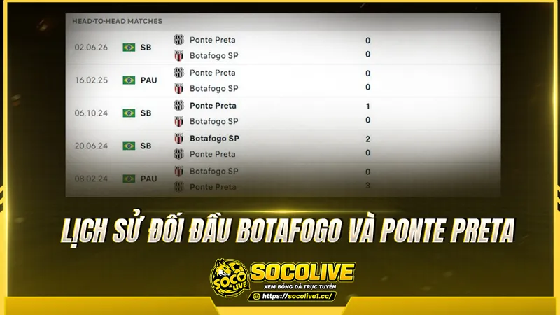 Lịch sử đối đầu Botafogo và Ponte Preta được Socolivetv tổng hợp
